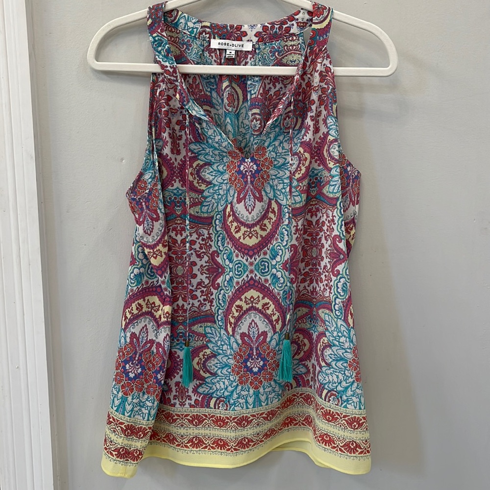 Boho Floral Colorful Top ~ Sleeveless V Neck ~ Flowy Blue Pink Yellow ~ Medium